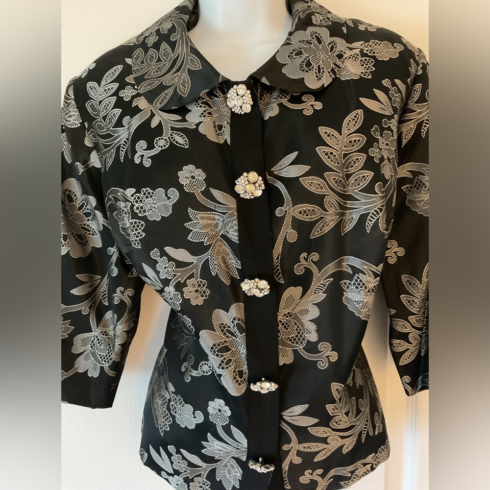 Lilly Pulitzer Black & Silver Floral Brocade Jacket with Rhinestone Buttons